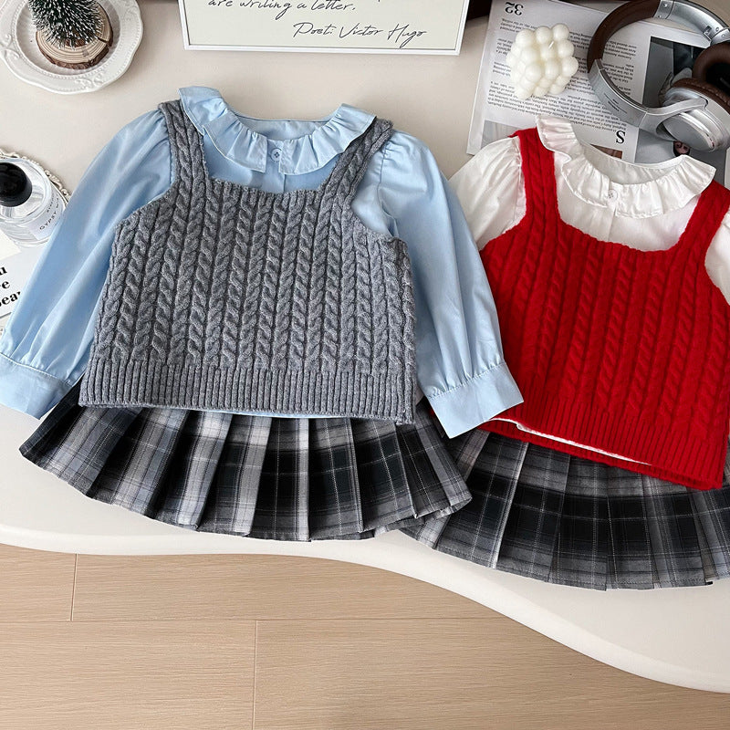 Autumn Girls' Knitted Vest Shirt Pleated Skirt Three-piece Set
