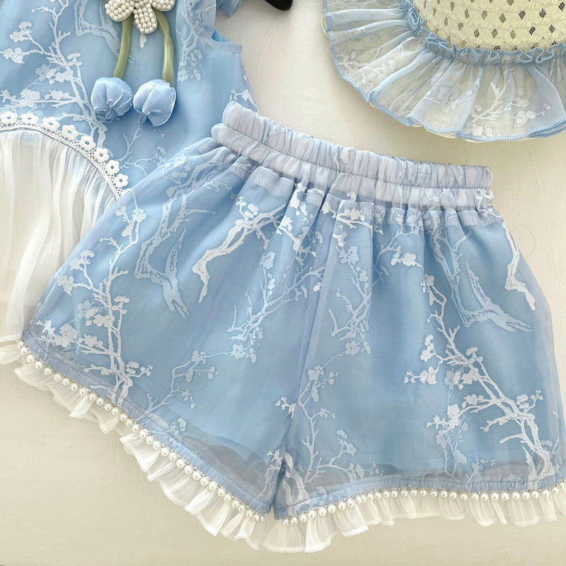 Girls Summer Fly Sleeve Color Block Top Lace Shorts Two-piece Set