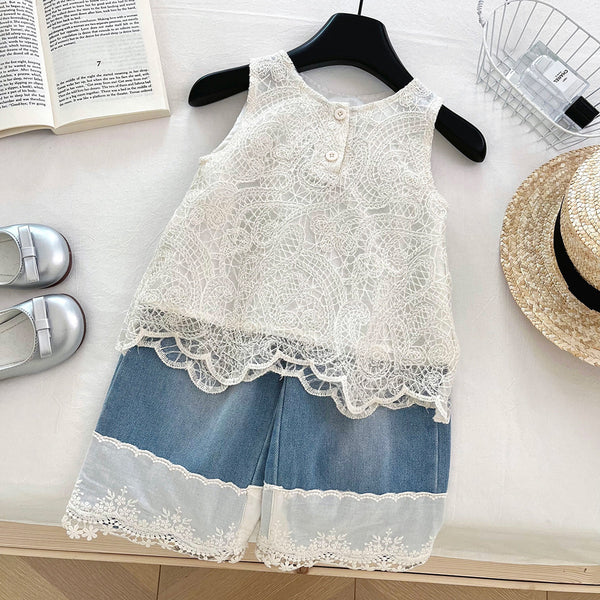 Girls' Summer New Lace Vest Denim Wide-Leg Pants Two-Piece Set