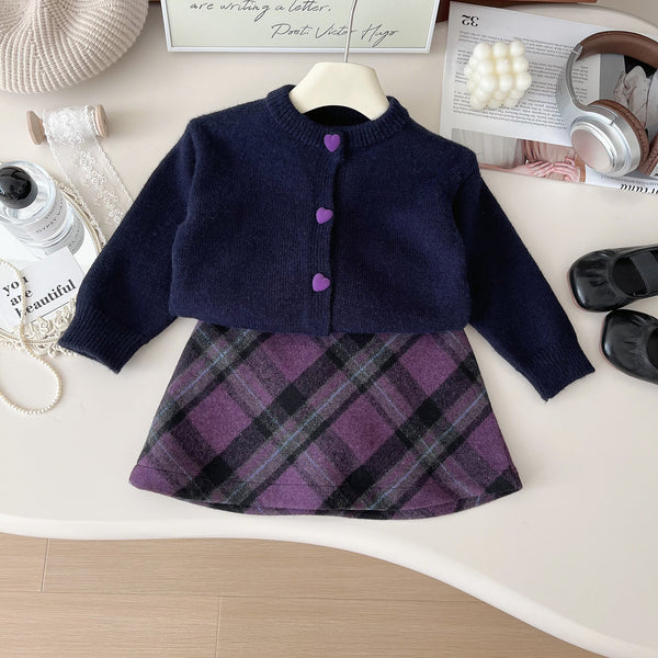Girls' New Heart Button Knitted Sweater Wool Plaid Skirt