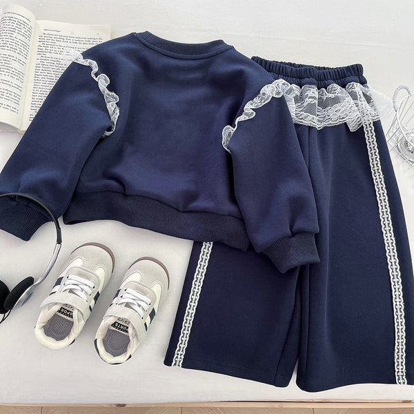 Girls' Round Neck Pullover Sweatshirt and Wide Leg Pants Two-piece Set