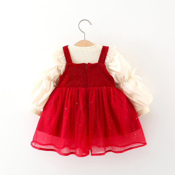 Christmas Dress For Toddler Girls – Long Sleeve Round Neck Ruffled Ribbed Knit A-Line Swing Outfit
