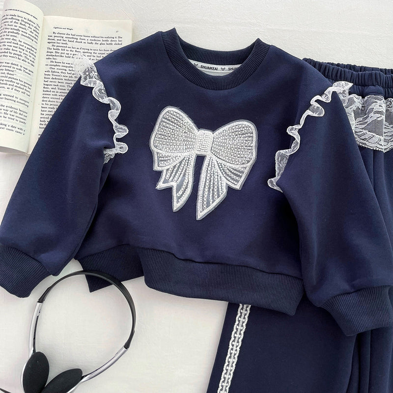 Girls' Round Neck Pullover Sweatshirt and Wide Leg Pants Two-piece Set