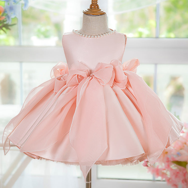 Elegant Baby Pink Sleeveless Bow Puff Dress Toddler Party Dresses