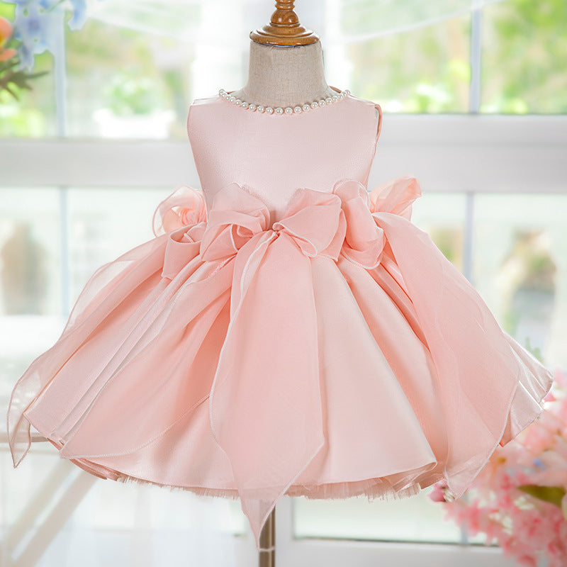 Elegant Baby Pink Sleeveless Bow Puff Dress Toddler Party Dresses