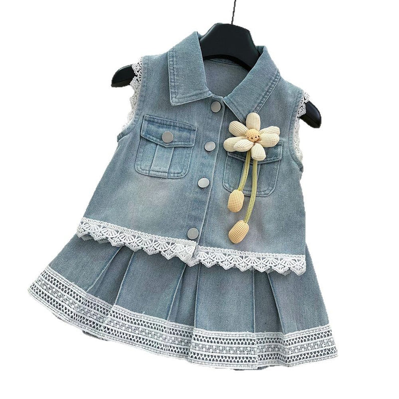 Girls Summer New Sleeveless Lace Denim Vest Skirt Two-piece Suit