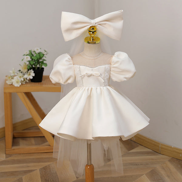 Elegant Baby Girl White Lace Puff Sleeve Bow Princess Dress Toddler First Communion Dress