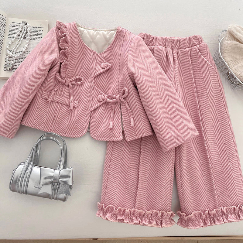 Girls' Winter Ruffled Trim Jacket Straight-Leg Pants Two-Piece Set