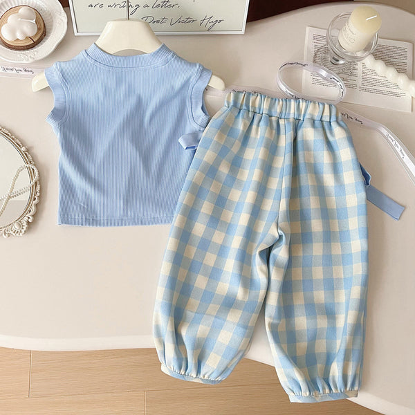Girls Summer New Thin Top Plaid Pants Two-piece Suit