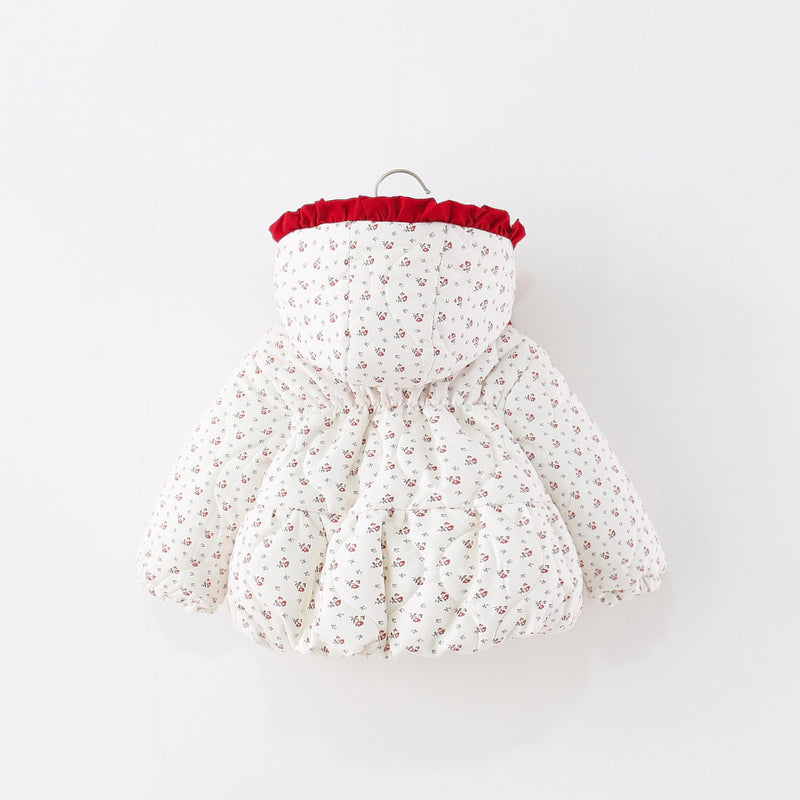 Girls' Winter Floral Print Scarf Hooded Cotton Coat