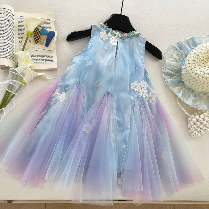 Girls Summer New Sleeveless Mesh Splicing Vest Princess Dress