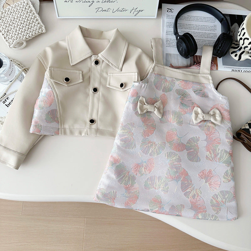 Girls' PU Leather Jacket and Printed Suspender Skirt Two-piece Set
