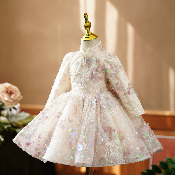 Sweet Baby Girls Long Sleeve Sequin Floral Princess Dress Toddler Prom Dress