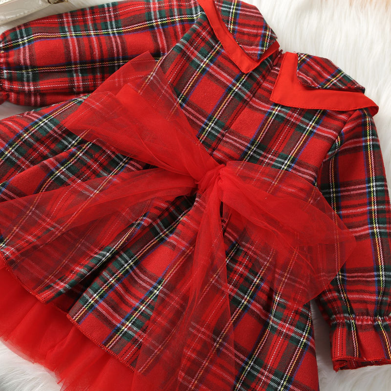 Red Children's Birthday Dress Girls New Year Christmas Plaid Princess Dress