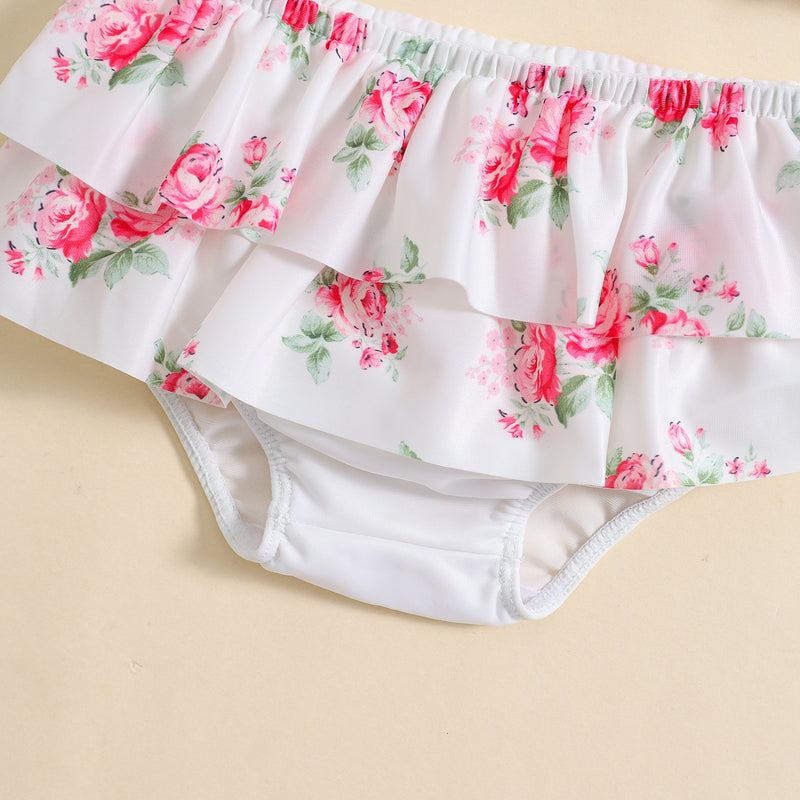 Baby Girls Flower Print One Shoulder Strap Swimsuit Two-Piece Set