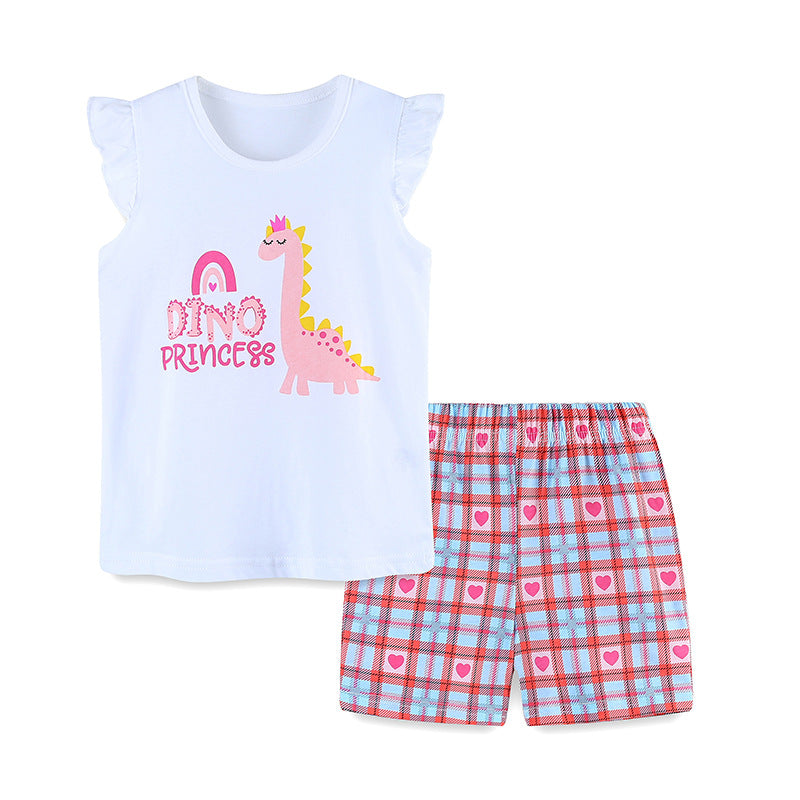 Summer New Girls Cartoon Print Tops and Shorts Two-piece Set