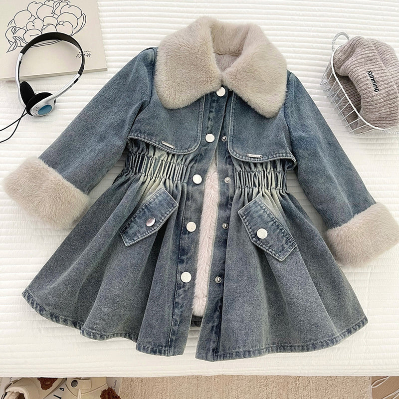 Girls' Winter Fleece-lined Slim-fit Denim Jacket Dress