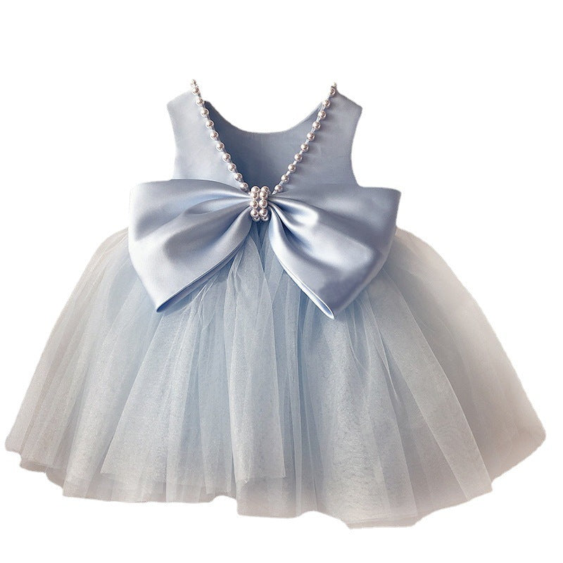 Summer  Baby Flower Girl Blue V-neck Dress Toddler Birthday Party Dress