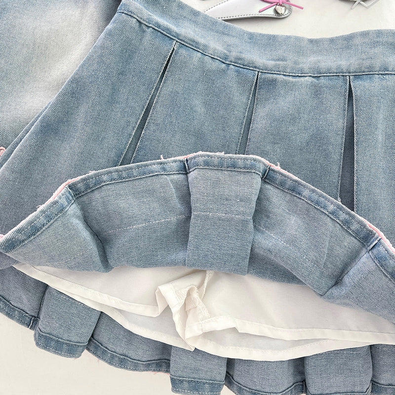 Girls' New Summer Lace Sleeveless Top Skirt Denim Two-piece Suit