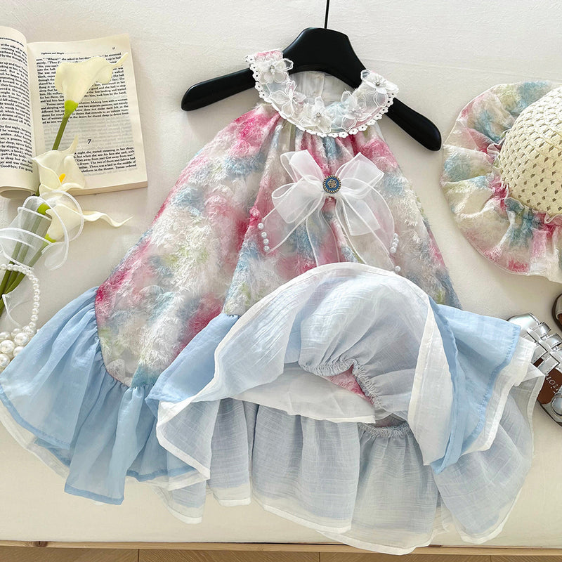 Girls Summer New Stitching Bow Halter Neck Princess Dress