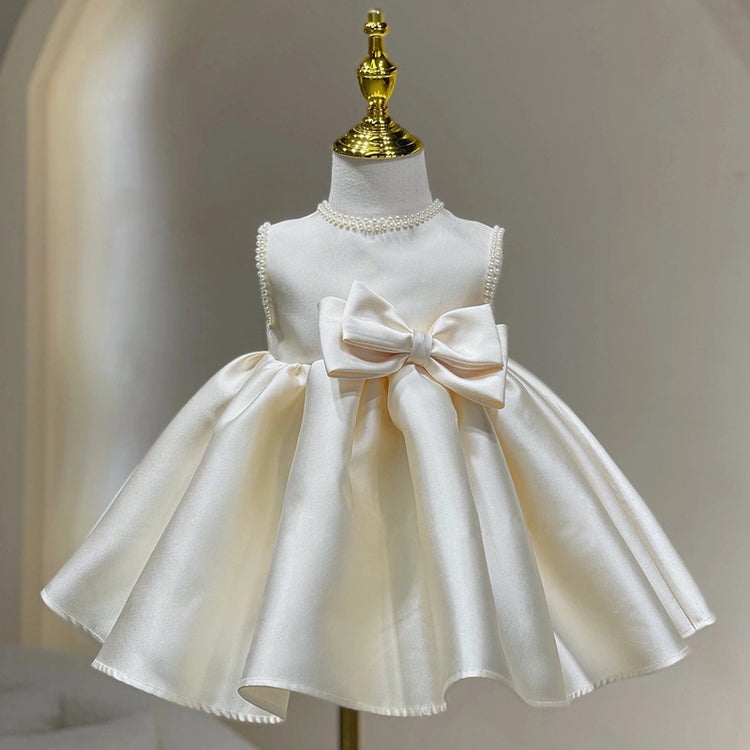 Elegant Baby Girls Sleeveless Round Neck White Bow Princess Toddler First Communion Dress