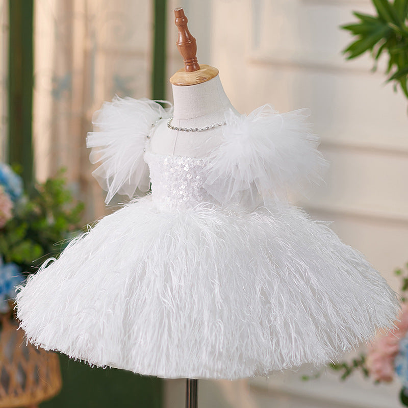 Baby Girl Formal Feather Dress Girl White Fluffy Prom Communion Princess Dress
