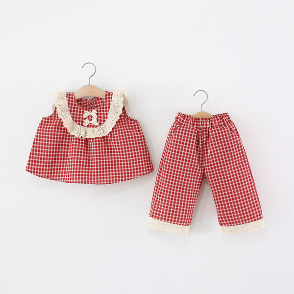 Girls Round Neck Plaid Sleeveless Top Trousers Two-piece Set