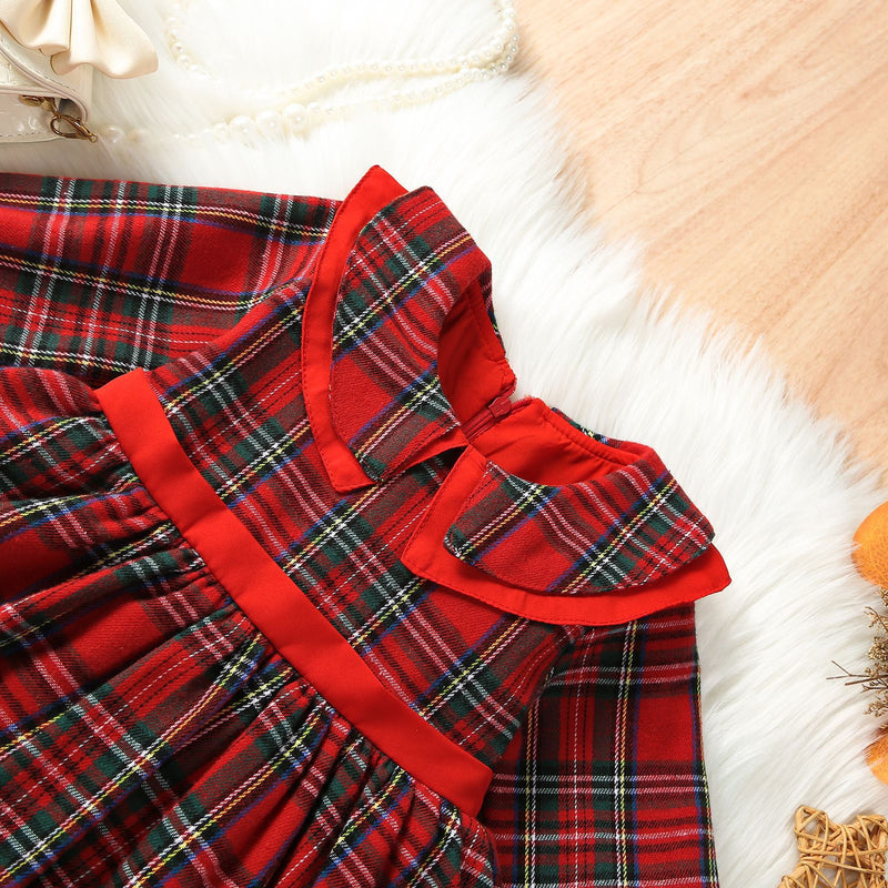 Red Children's Birthday Dress Girls New Year Christmas Plaid Princess Dress