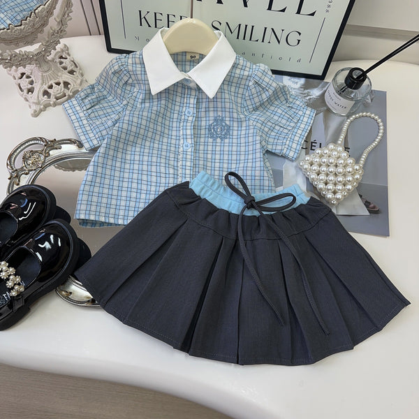Girls Summer New Plaid Top Pleated Skirt Two-piece Suit