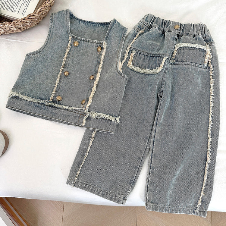 Girls' Autumn New Denim Vest and Jeans Two-piece Set