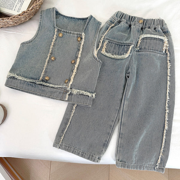 Girls' Autumn New Denim Vest and Jeans Two-piece Set