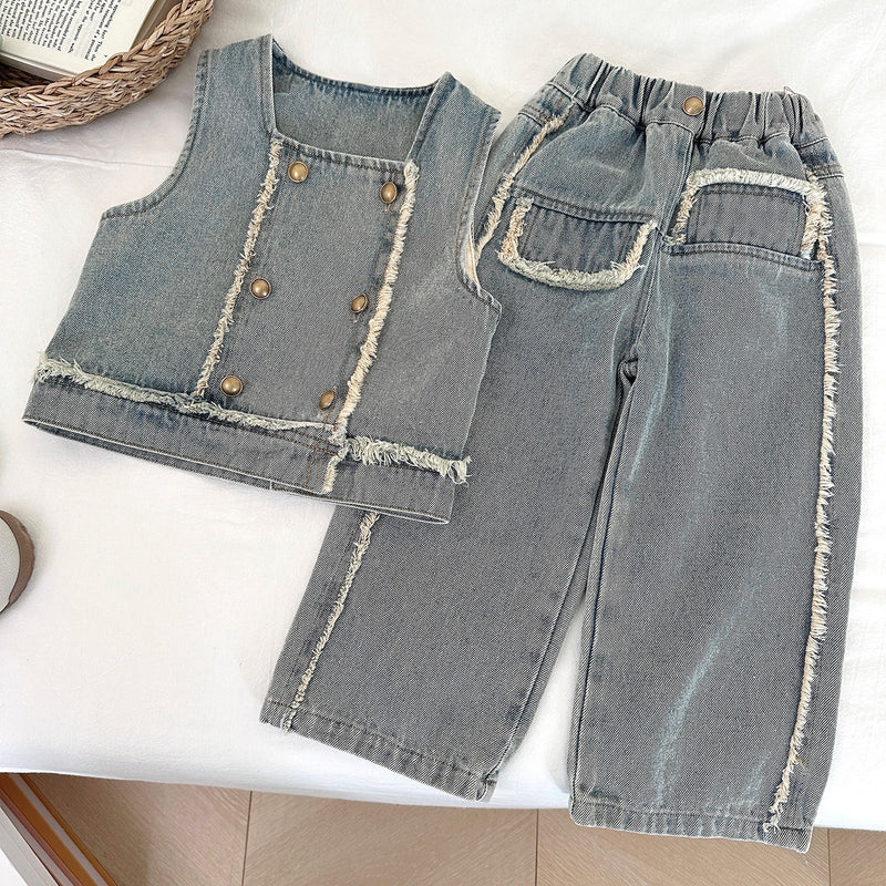 Girls' Autumn New Denim Vest and Jeans Two-piece Set