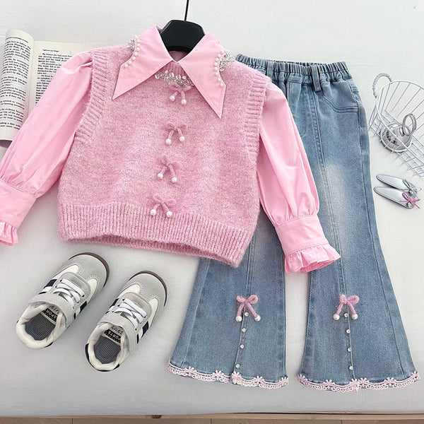 Girls' Sweater Vest Shirt Flared Jeans Three-piece Suit