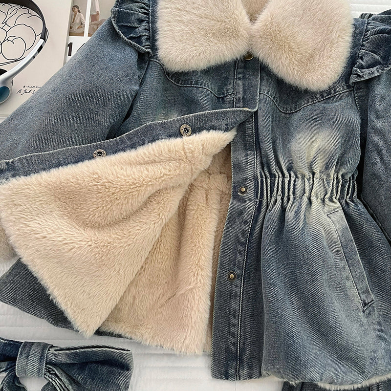 Girls' Winter Denim Jacket Flared Pants Two-piece Set
