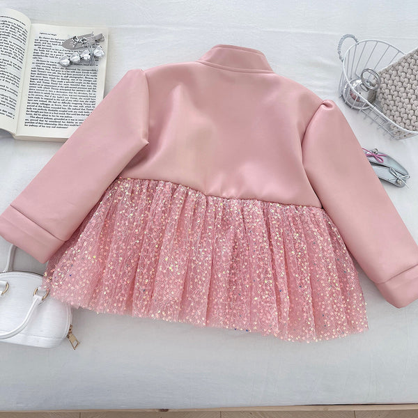 Girls' Autumn Sequined Mesh PU Leather Jacket