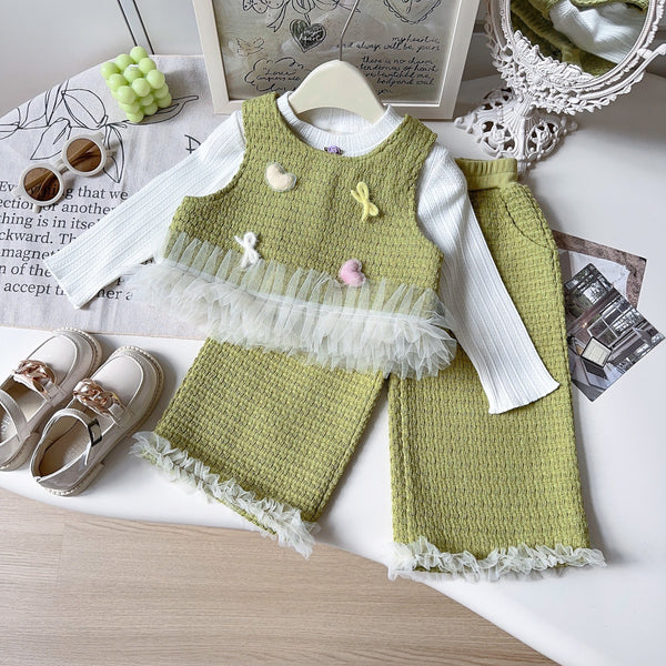 Girls' New Mesh Lace Knitted Vest Wide-leg Pants Two-piece Set