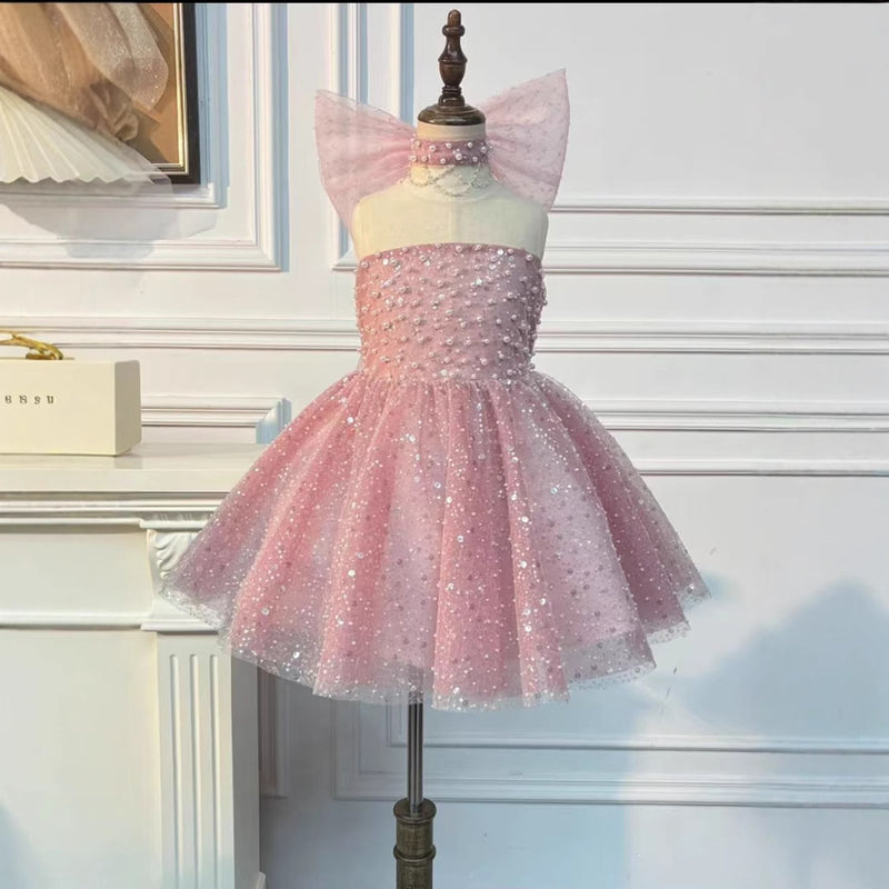 Girls Birthday Dress Children Pink Sequin Princess Dress