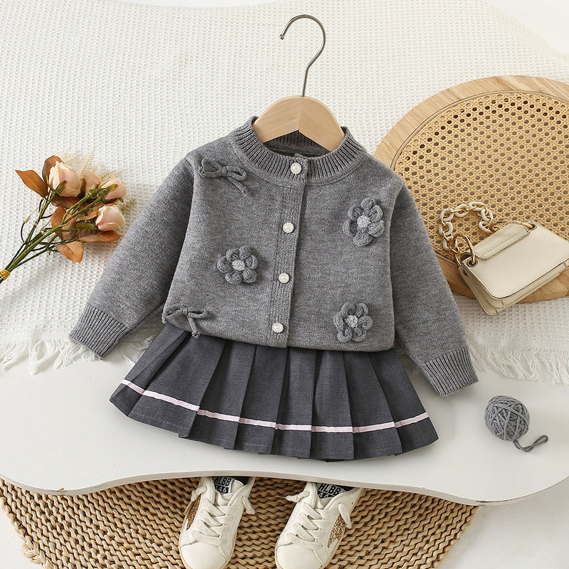 Girls' Flower Sweater Knitted Pleated Skirt Two-Piece Set