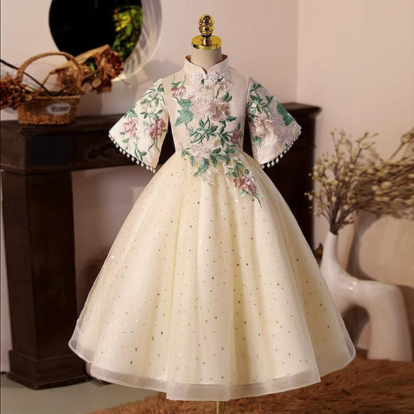 Elegant Baby Beige Buttoned Stand Collar With Embroidered Princess Dress Toddler Communion Dress