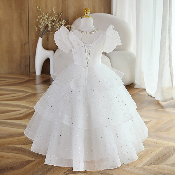 Elegant Baby Girls White Sequined Mesh Princess Dress Toddler First Communion Dress