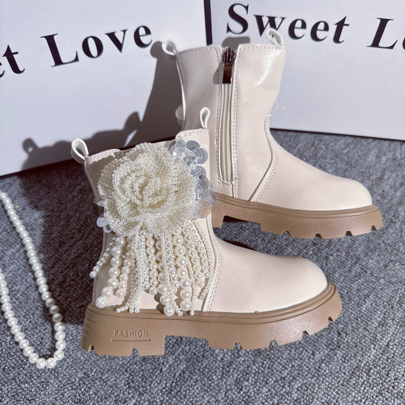 Girls' New Princess Pearl Tassel Martin Boots
