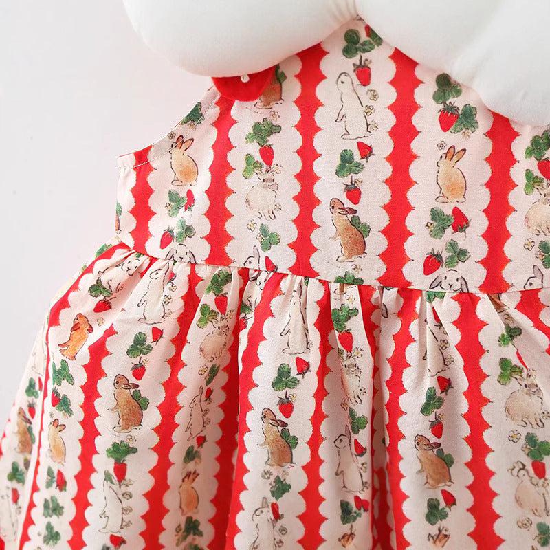 New Summer Girls Strawberry Rabbit Print Vertical Striped Suspender Dress