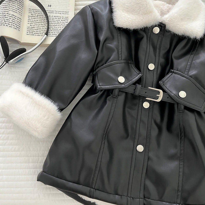 Girls' Winter Slim Fit Warm PU Leather Soft Coat