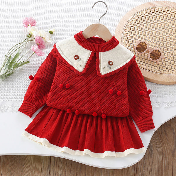 Girls' 3D Ball Flower Knitted Pullover and Short Skirt Two-Piece Set
