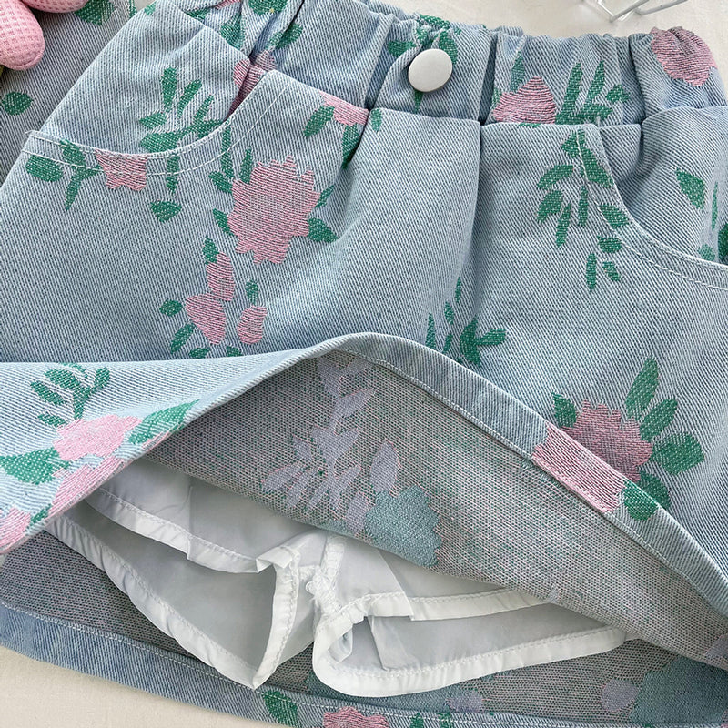 Girls Summer Printed Denim Top and Short Skirt Two-piece Set