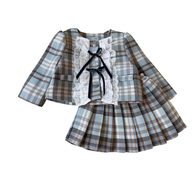 Girls' Winter Warm Coat and Pleated Skirt Two-Piece Set