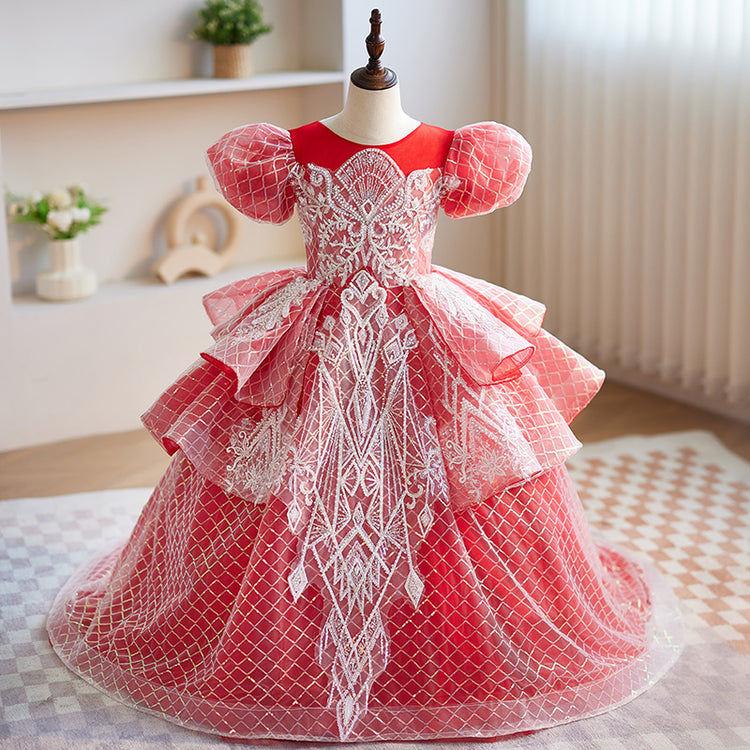 Toddler Ball Gowns Girl Pageant Rhombus Yarn Puffy Dress Pageant Princess Dress