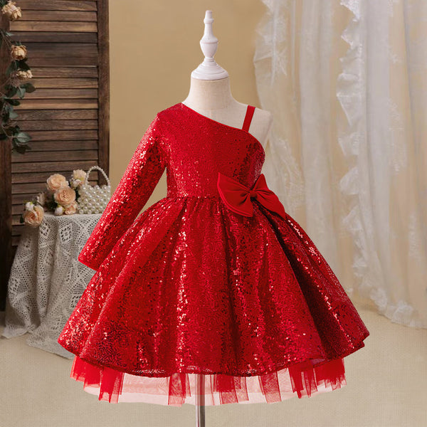 Girls Red Sequin Birthday Princess Dress Girls Prom Bow Dress