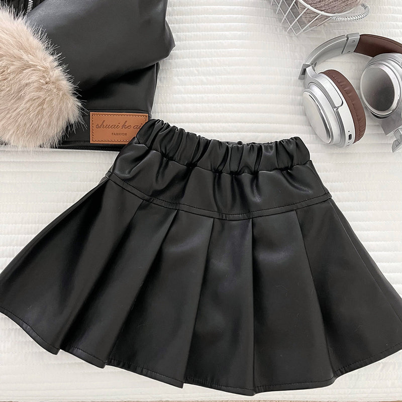 Girls' Winter PU Leather Pleated Skirt Two-Piece Set