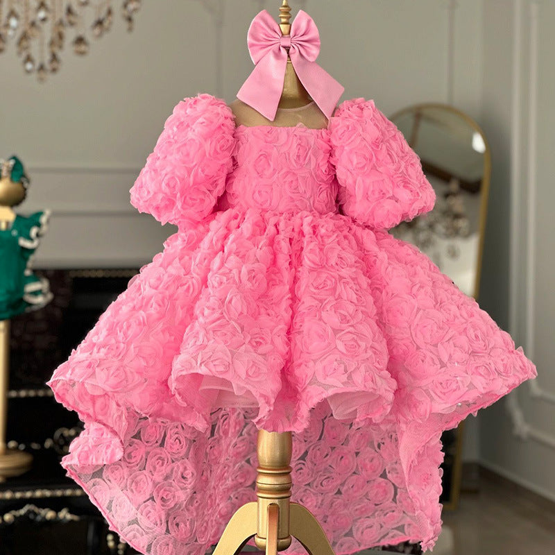 Pink Girls Birthday Dress Girls Rose Flower Princess Dress